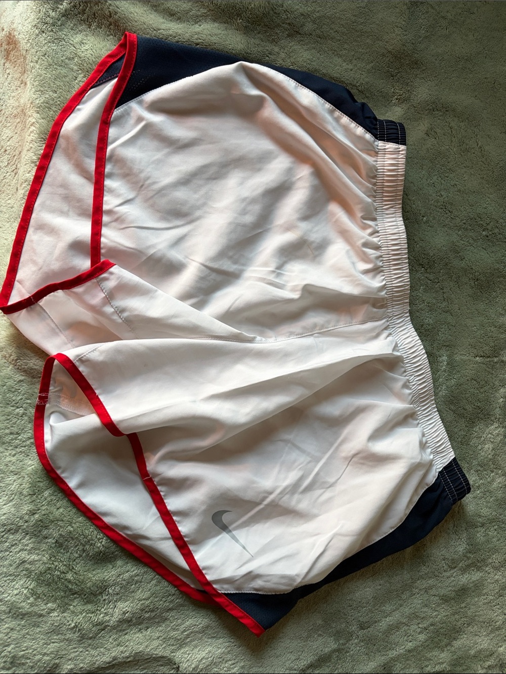 Nike White Athletic Shorts with Red Trim and Navy Panels